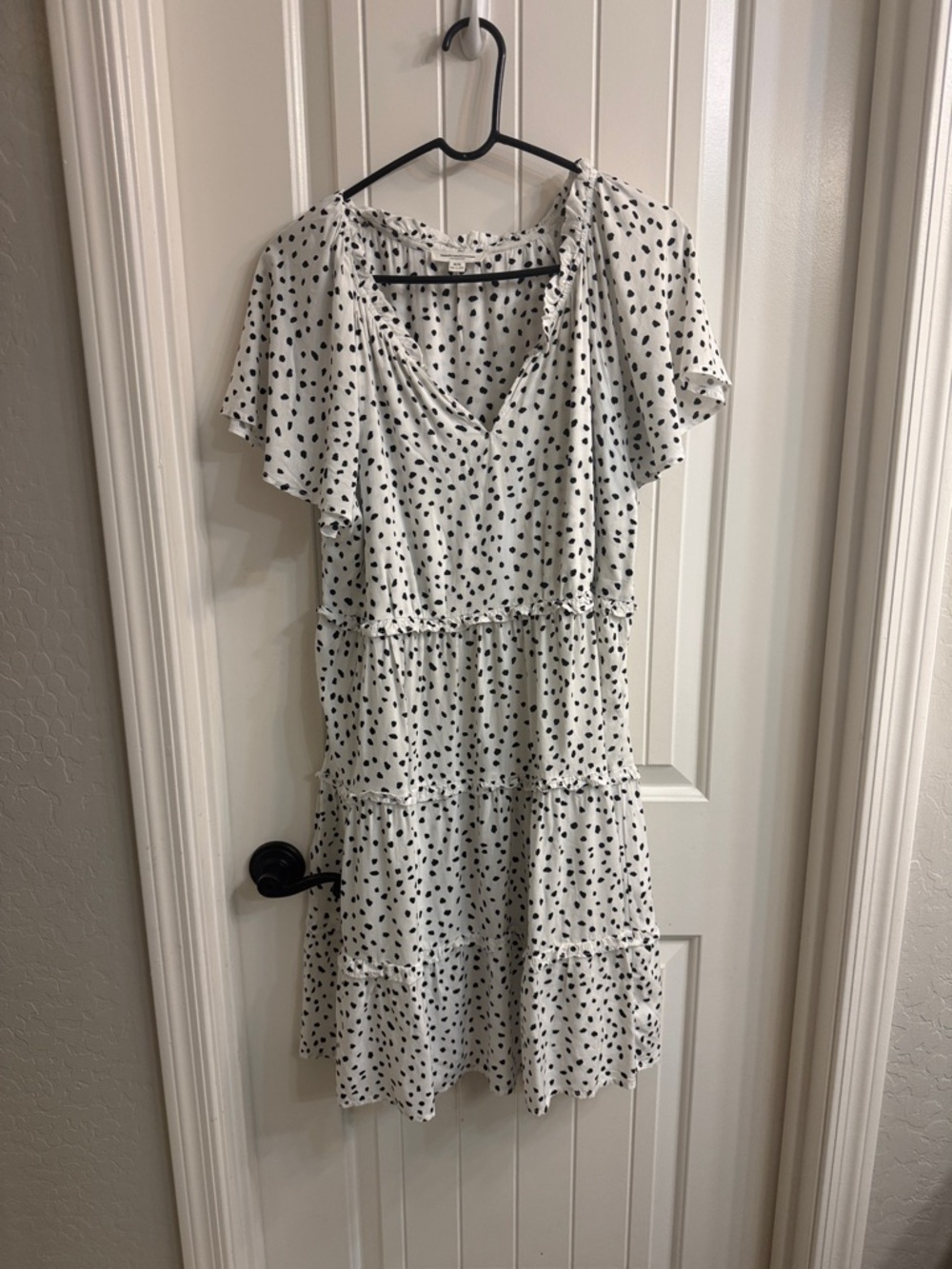 Beach Lunch Lounge Tiered Short Flutter Sleeve Speckle V Neck Womens Dress sz M